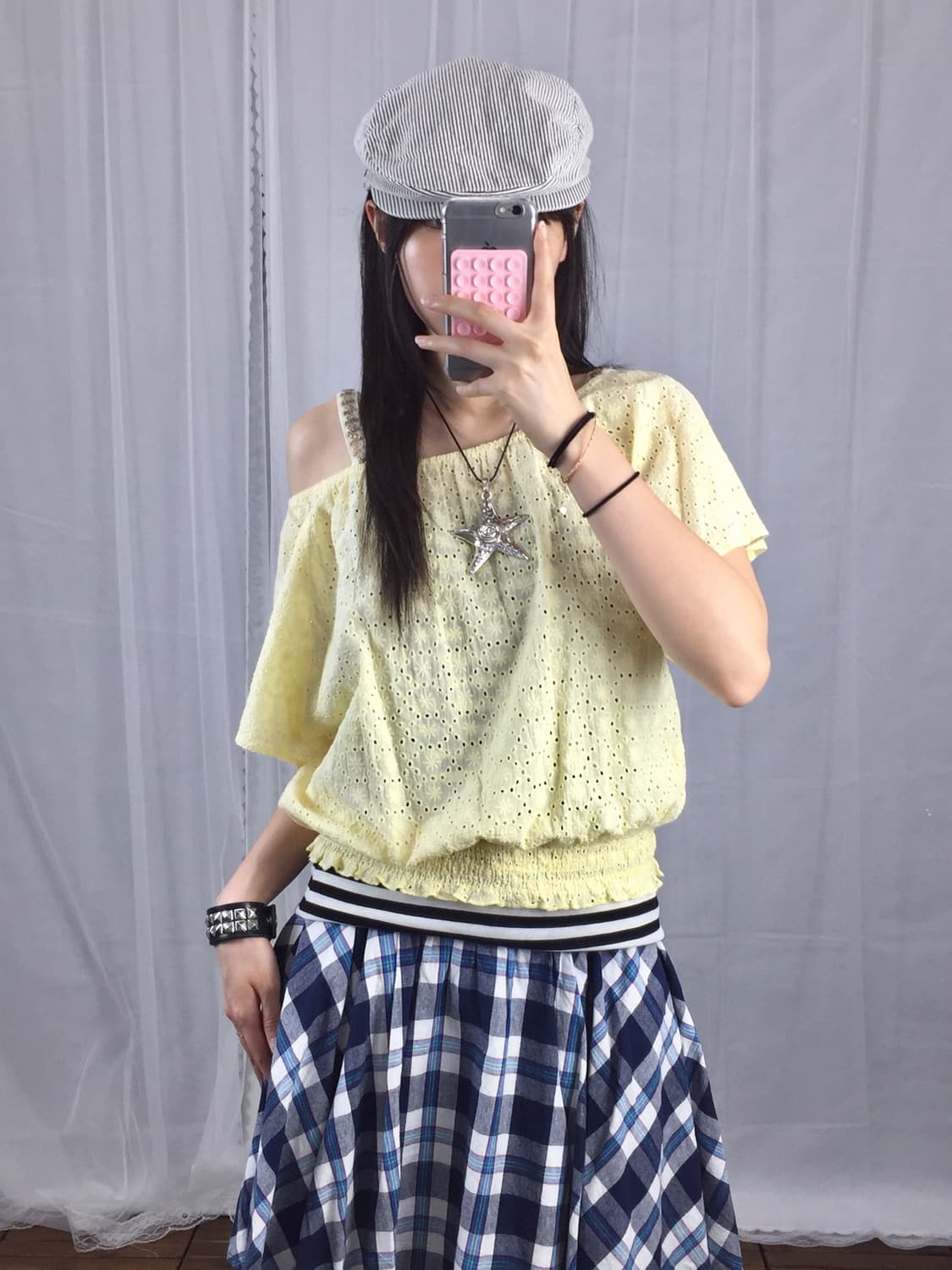 GU Yellow Eyelet Lace Crop Blouse 상품이미지2