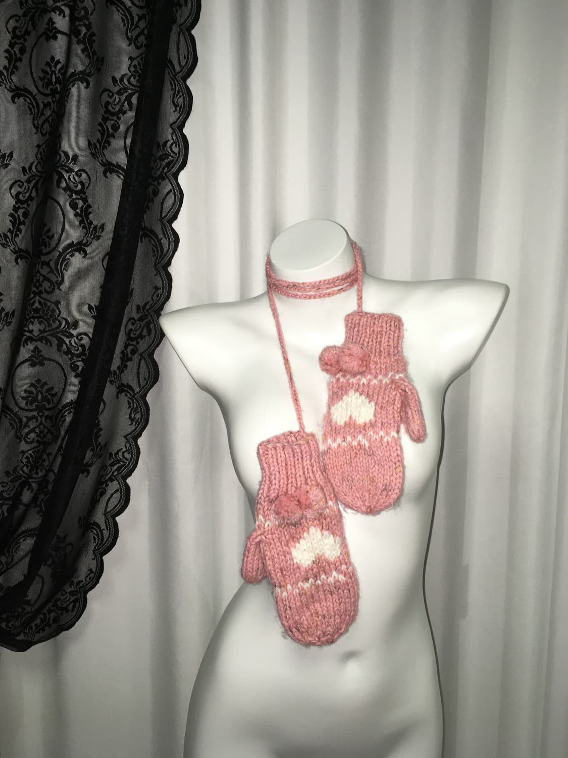 Vintage 하구미 모리걸 하트 뜨개자수 니트 벙어리장갑 뮤트핑크 상품이미지3