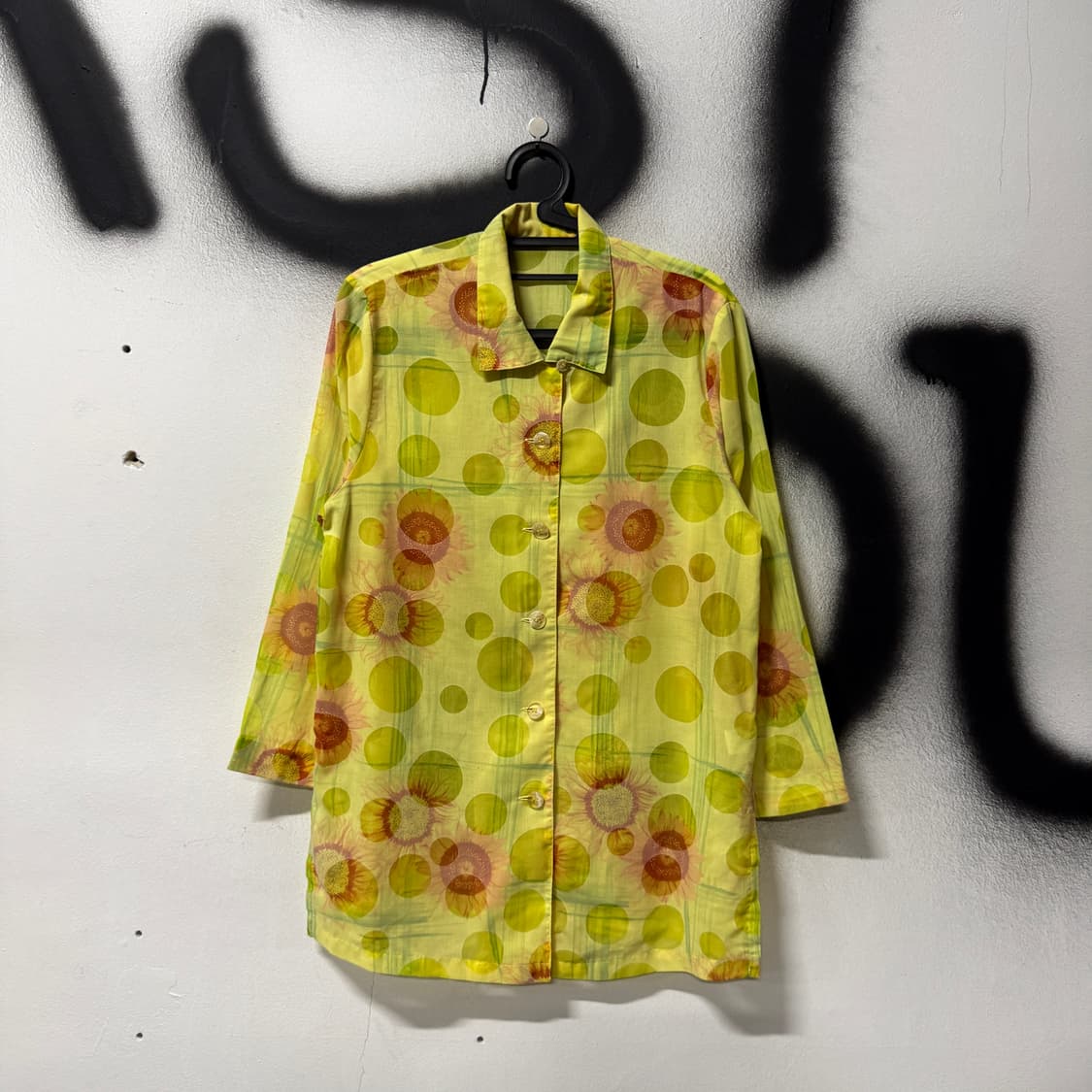 VTG 빈티지 옐로우 해바라기 도트 패턴 시스루 셔츠 상품이미지1