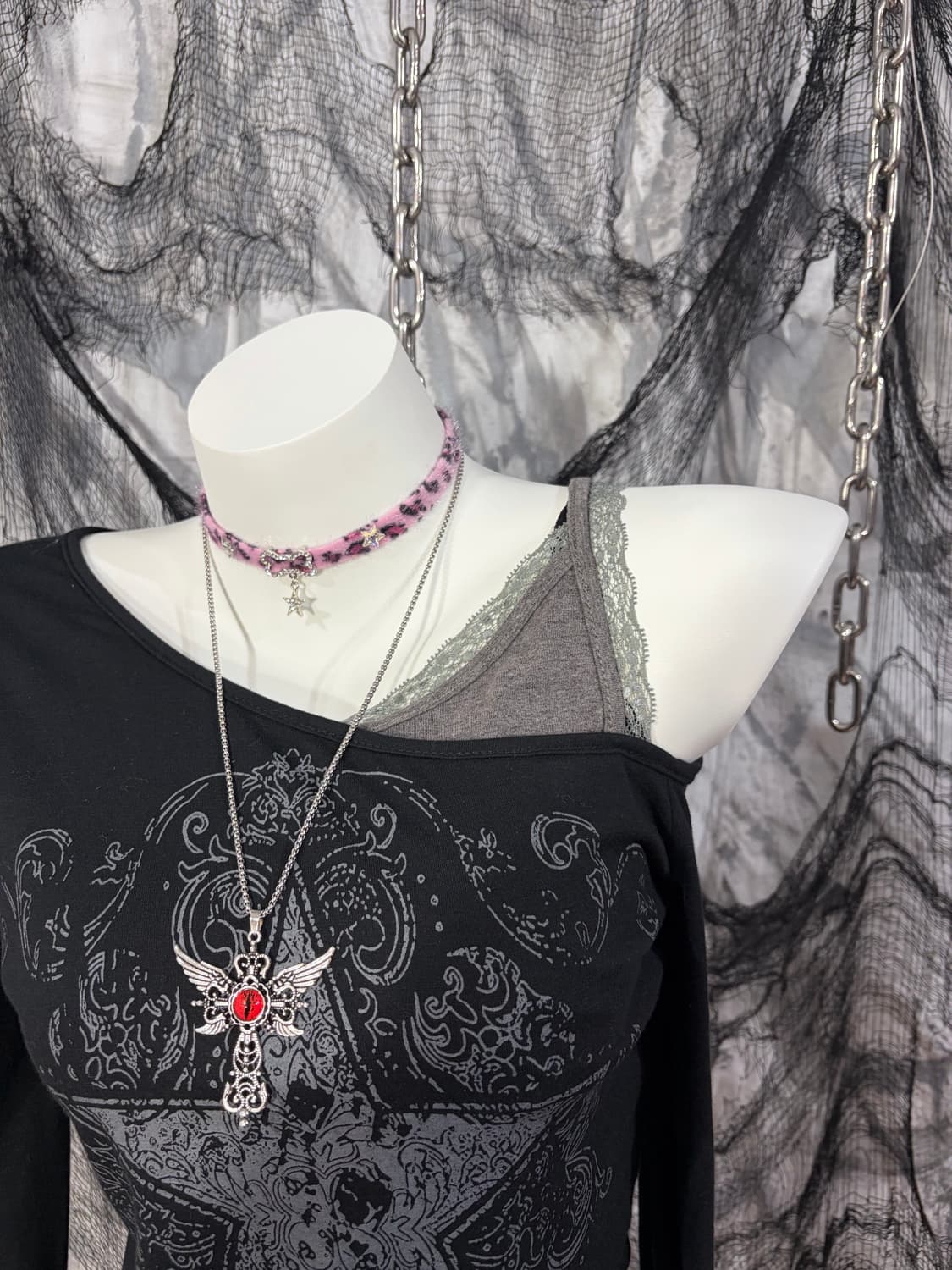 Y2K Gothic star off-shoulder sleeve 상품이미지6