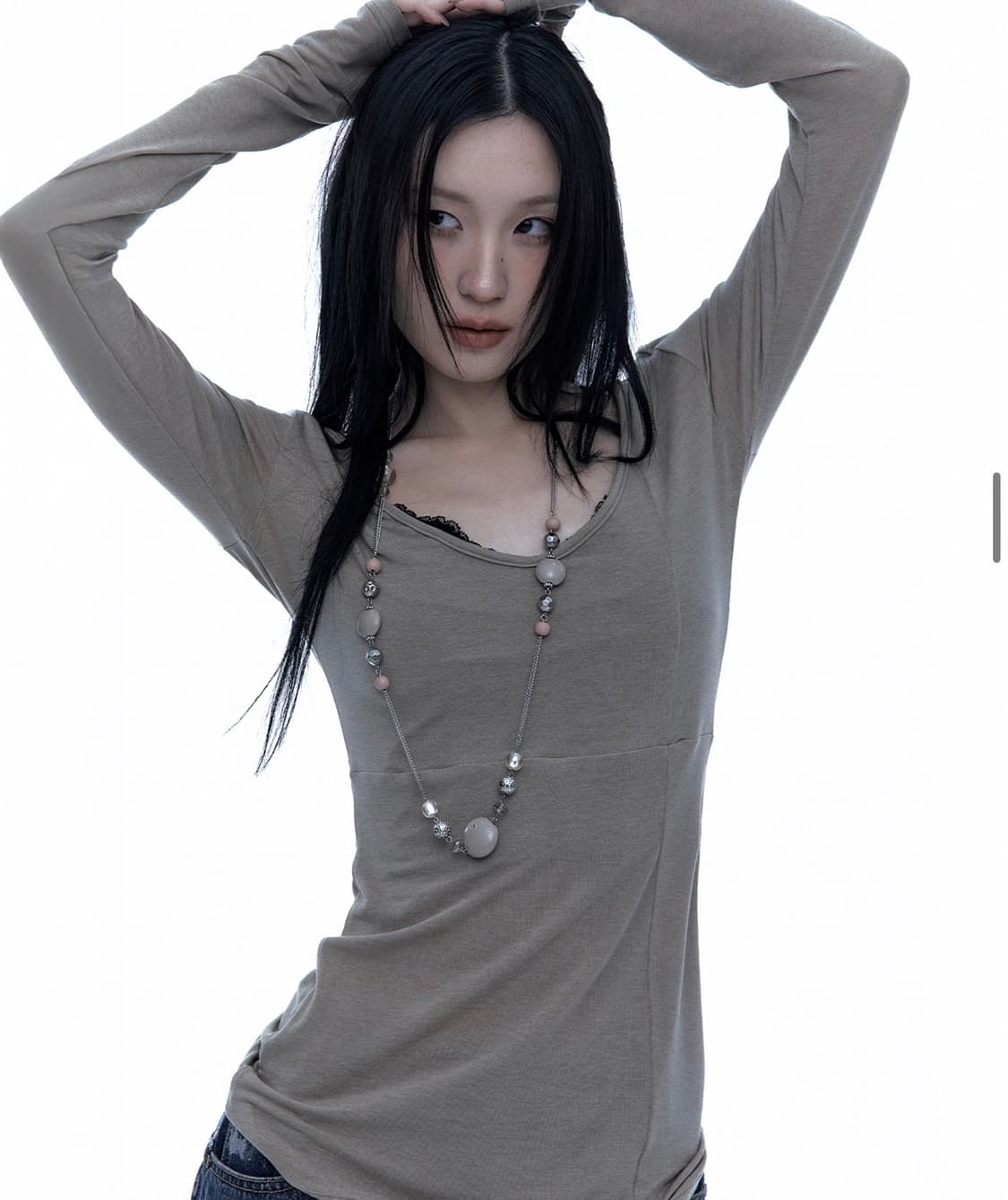 러프넥 크로스라인 슬림 탑 카키브라운 상품이미지3