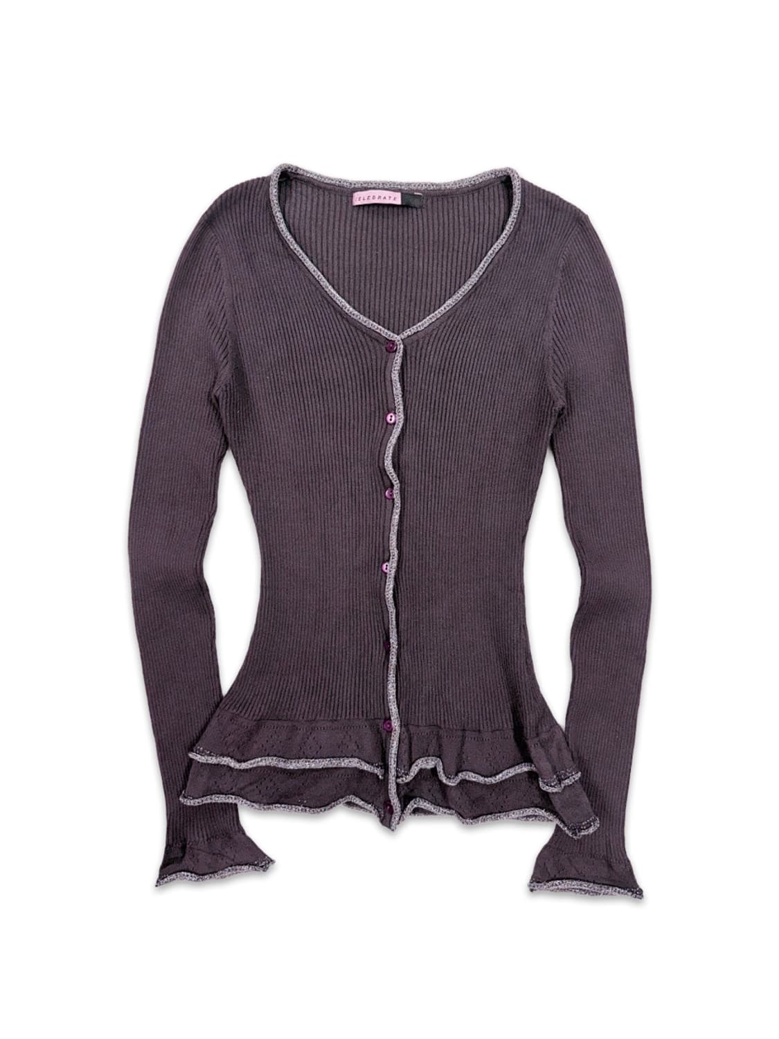 빈티지 퍼플 그레이 슬림핏 프릴 니트 가디건 상품이미지1