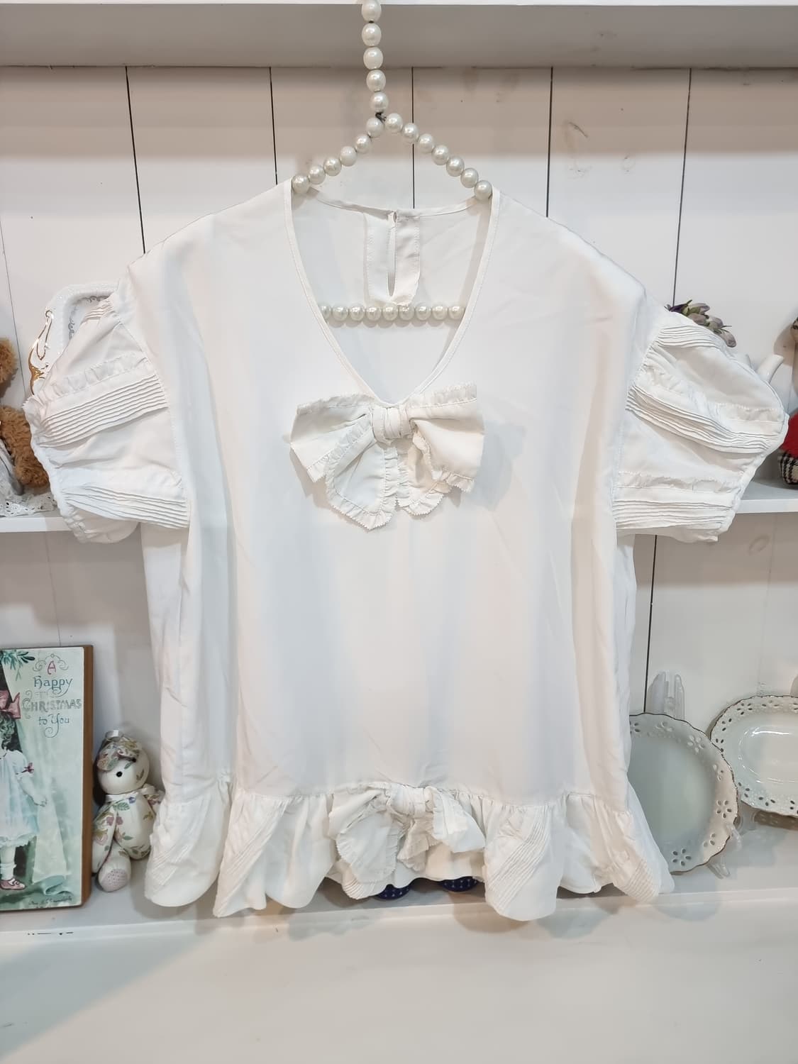 화이트 리본 퍼프 블라우스 상품이미지1