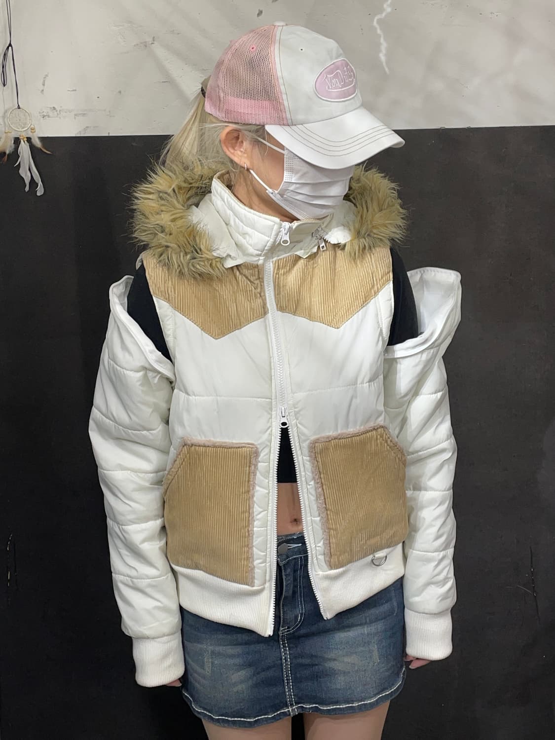 일본빈티지 SpRay 울프죠 후드 투웨이 패딩 화이트 코듀로이 점퍼 M 상품이미지3