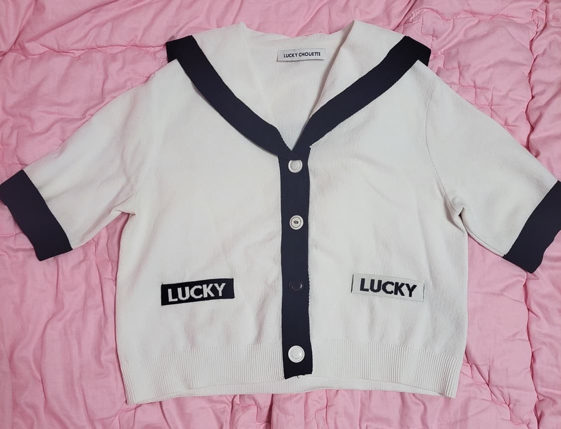 급처상태좋음!럭키슈에뜨 세일러카라 니트 반팔 가디건 프리사이즈 상품이미지6