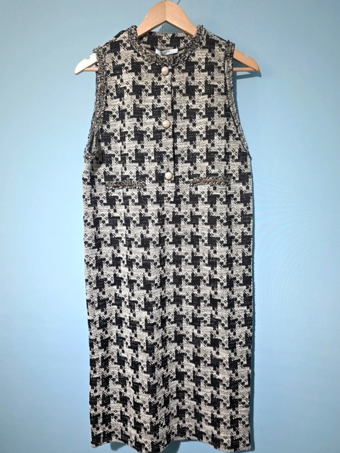 [새상품] ZARA 진주 버튼 하운드투스 체크 트위드 원피스 55 상품이미지3