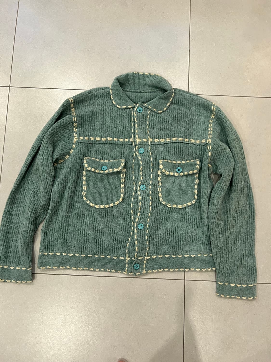 핑거린 스티치 트러커 니트 가디건 민트 s 상품이미지3