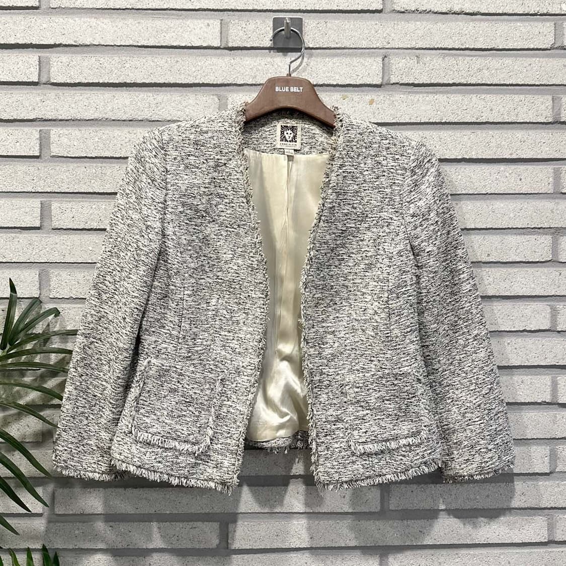 USA VINTAGE 크롭 트위드 오픈 자켓 노카라 프린지 디테일 그레이 상품이미지1