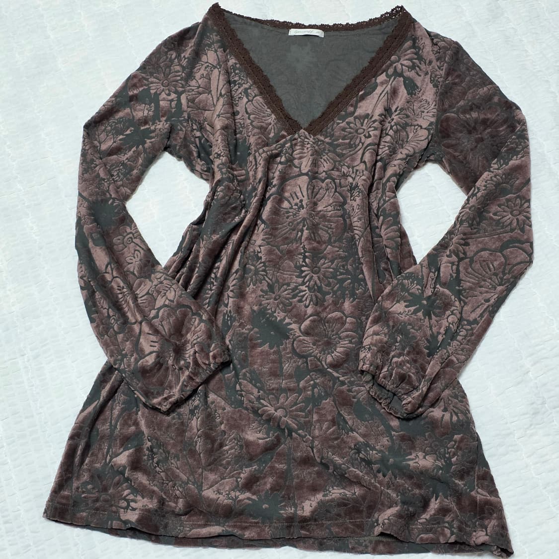 일본빈티지 오리엔탈y2k 브라운x카키 벨벳 롱슬리브 상품이미지1