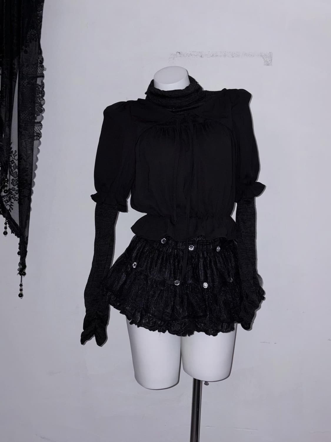 다크로맨틱 2피스 세트 셔링 리본 고스 공겜여주 고딕 상품이미지8