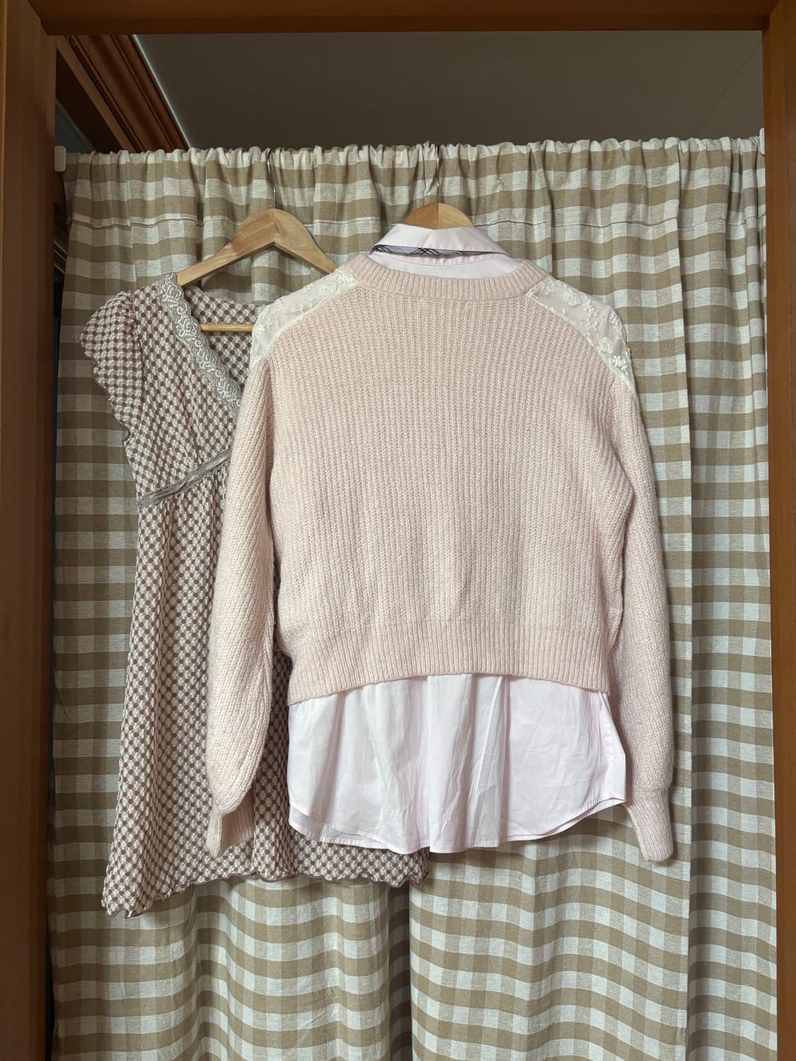 핑크 레이스 니트 + 둥근카라 셔츠 러블리 일본 교복무드 세트 상품이미지7