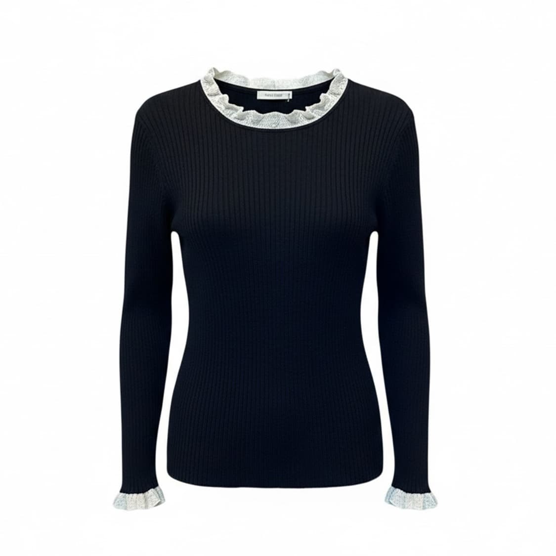 JPN VINTAGE 롱슬리브 골지 니트 레이스 프릴 디테일 슬림핏 남색 상품이미지1