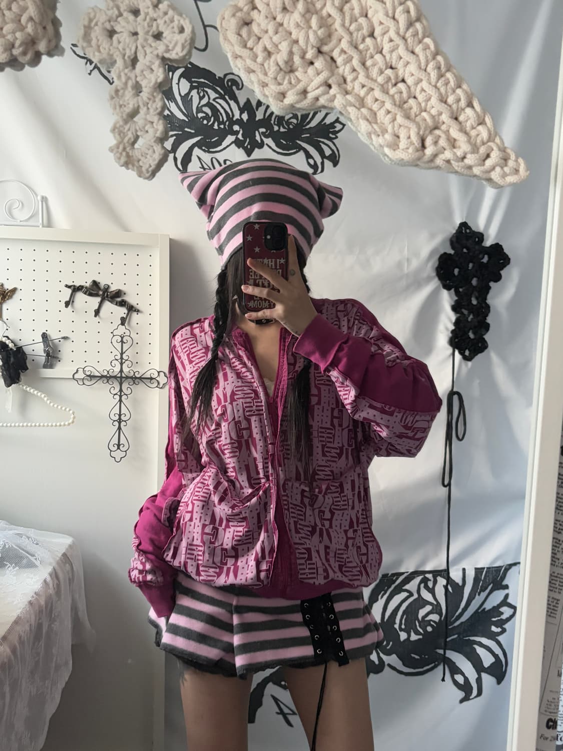 Pink striped eyelet skirt & cat beanie 상품이미지2