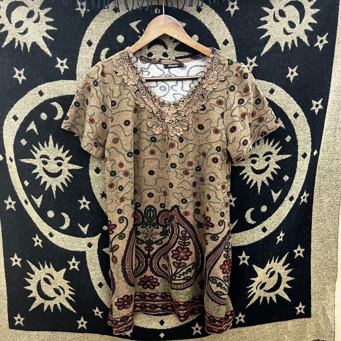 빈티지 오리엔탈 히피 갸루 레이스 단추패턴 반팔티 K0087 상품이미지3