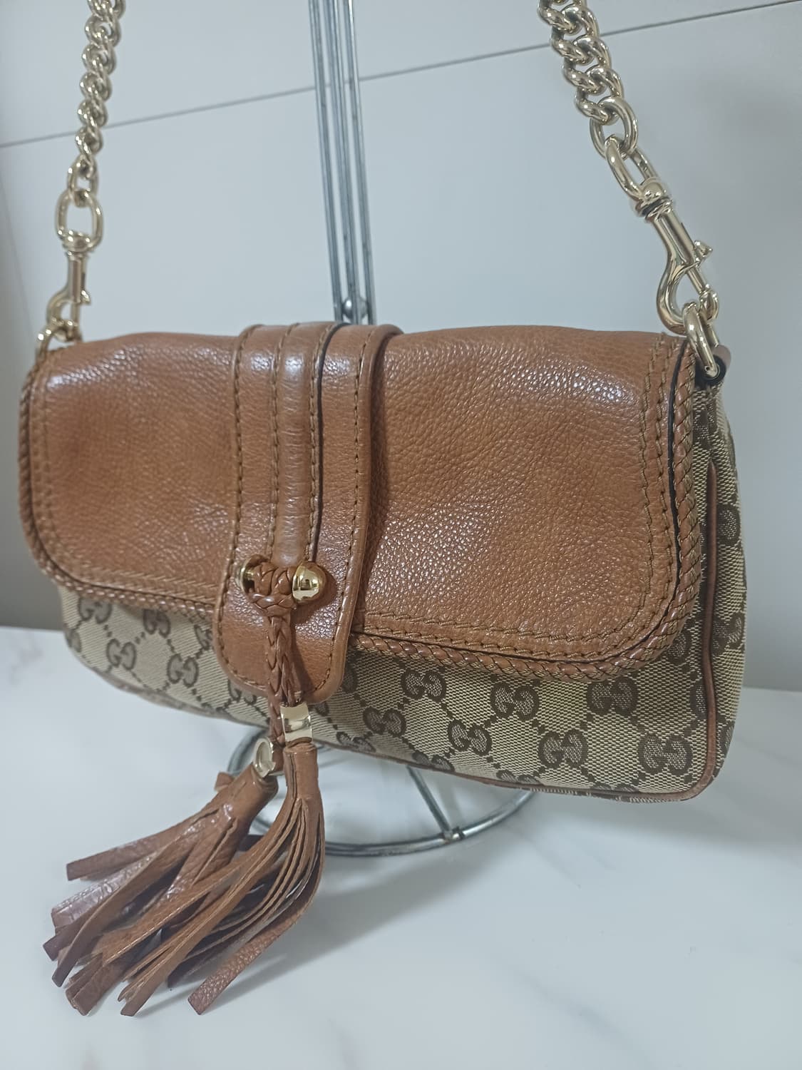 구찌 마라케시 GG 무늬 핸드백 체인 숄더 베이지 라이트 브라운 가죽 상품이미지4