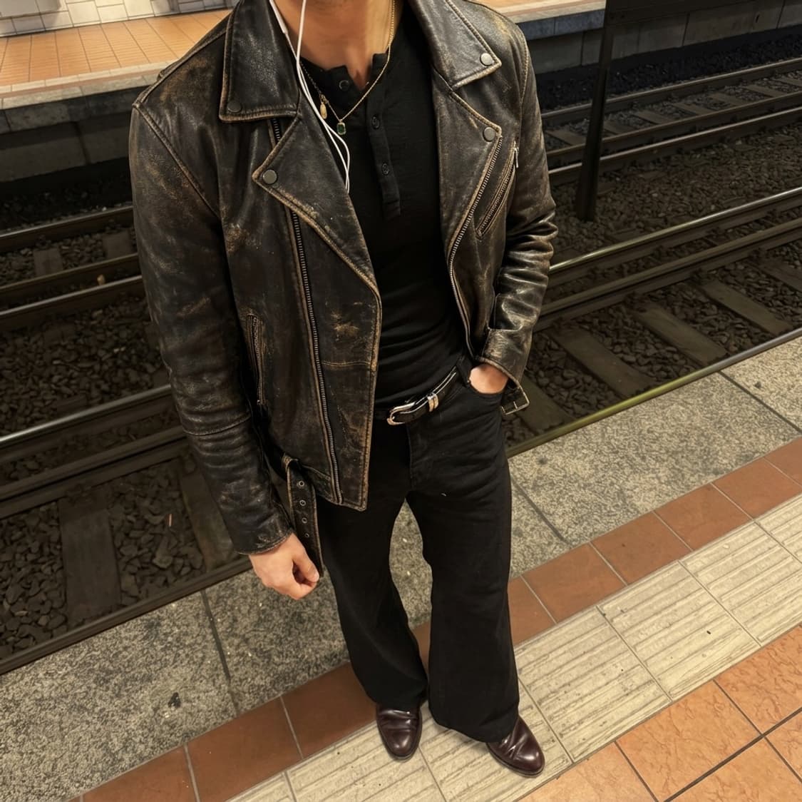  자라 빈티지 워싱 레더 라이더 자켓 XL 상품이미지1