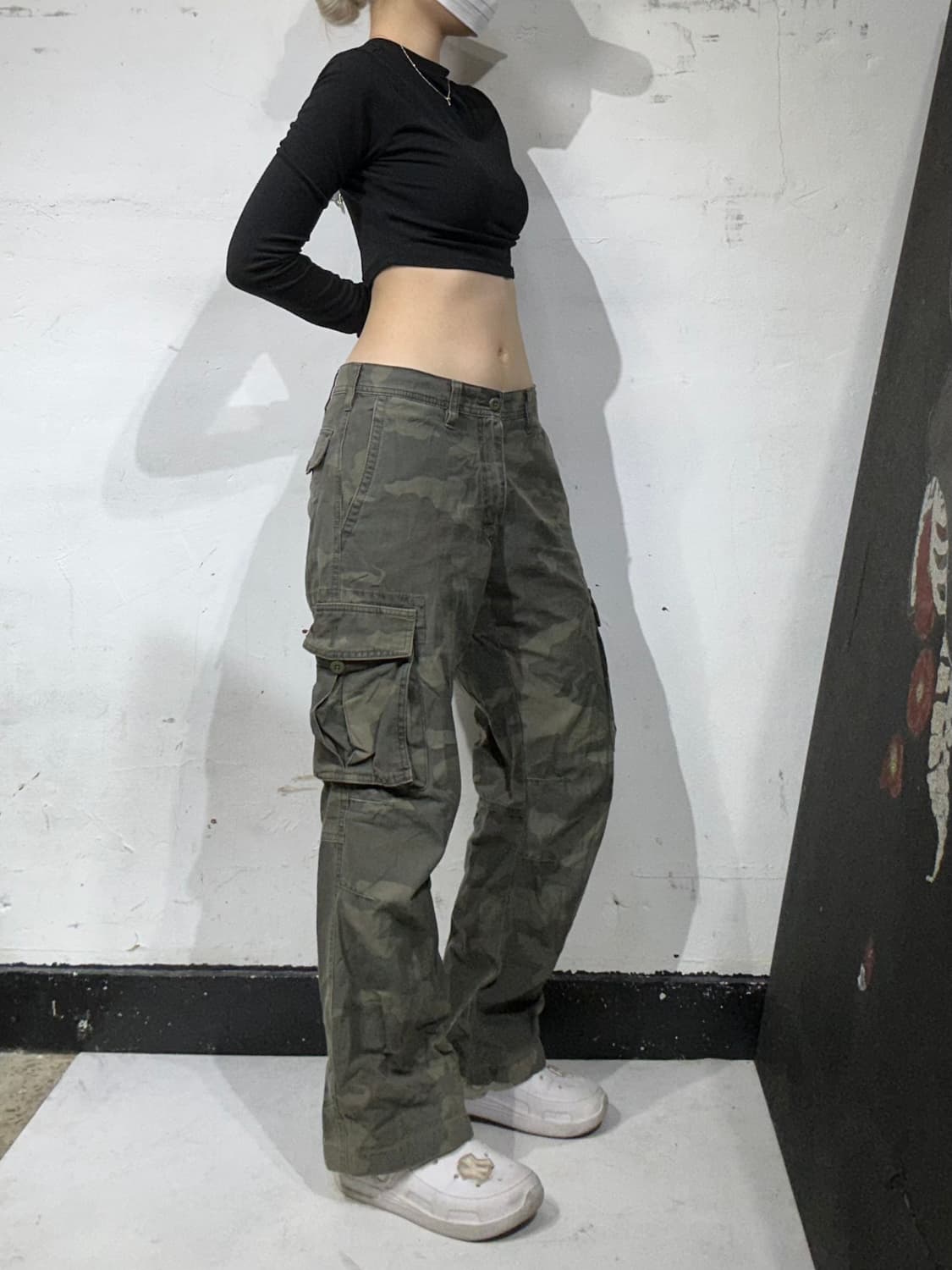 일본 빈티지 베이지 밀리터리 카모 와이드 카고 팬츠 S 상품이미지1