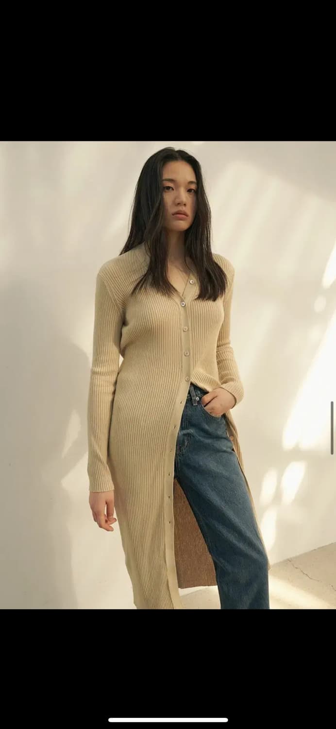 레미 slim fit rib-kint long cardigan 베이지 상품이미지6