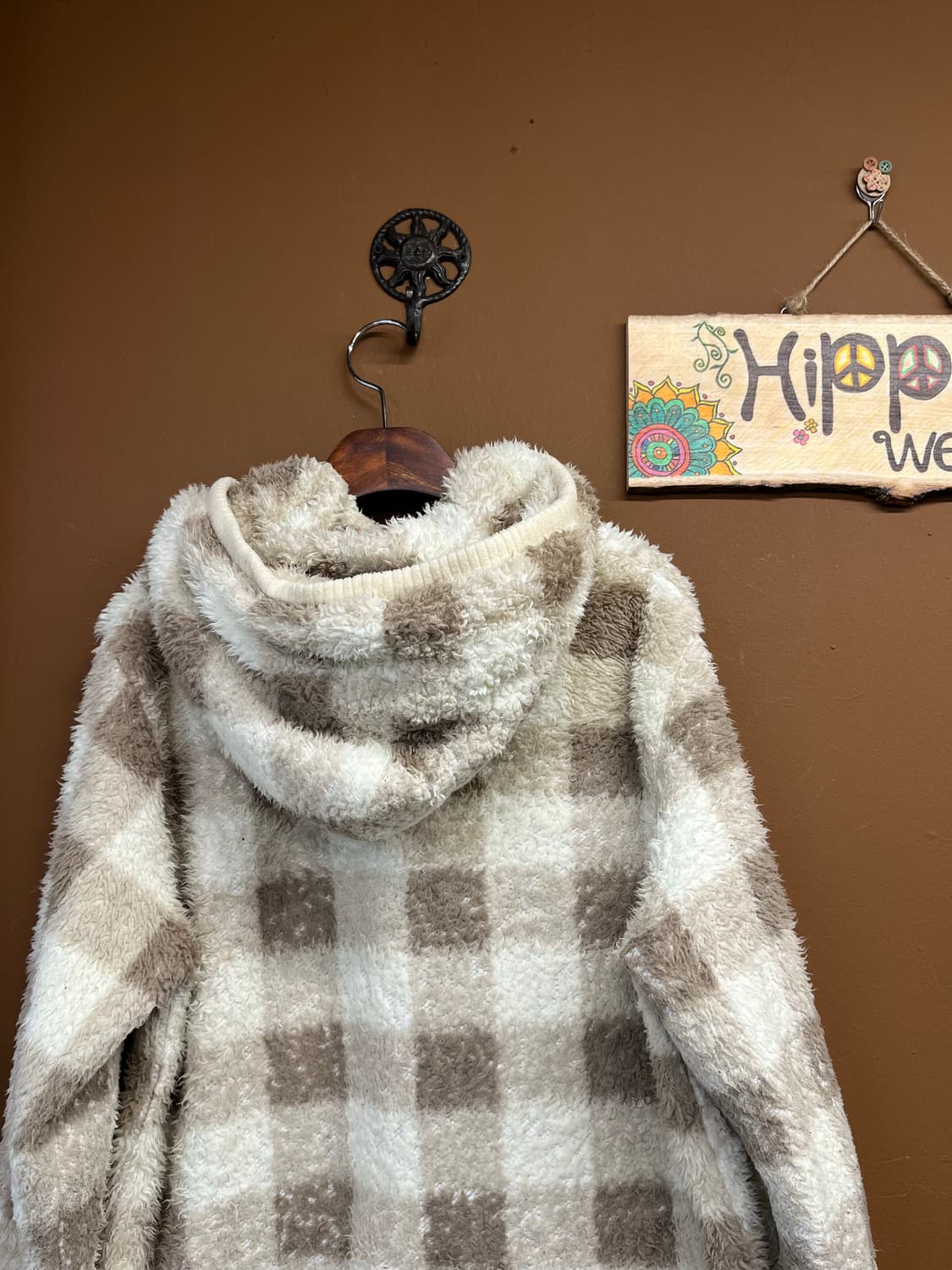 일본무드 체크 패턴 아이보리 플리스 후드집업 상품이미지4