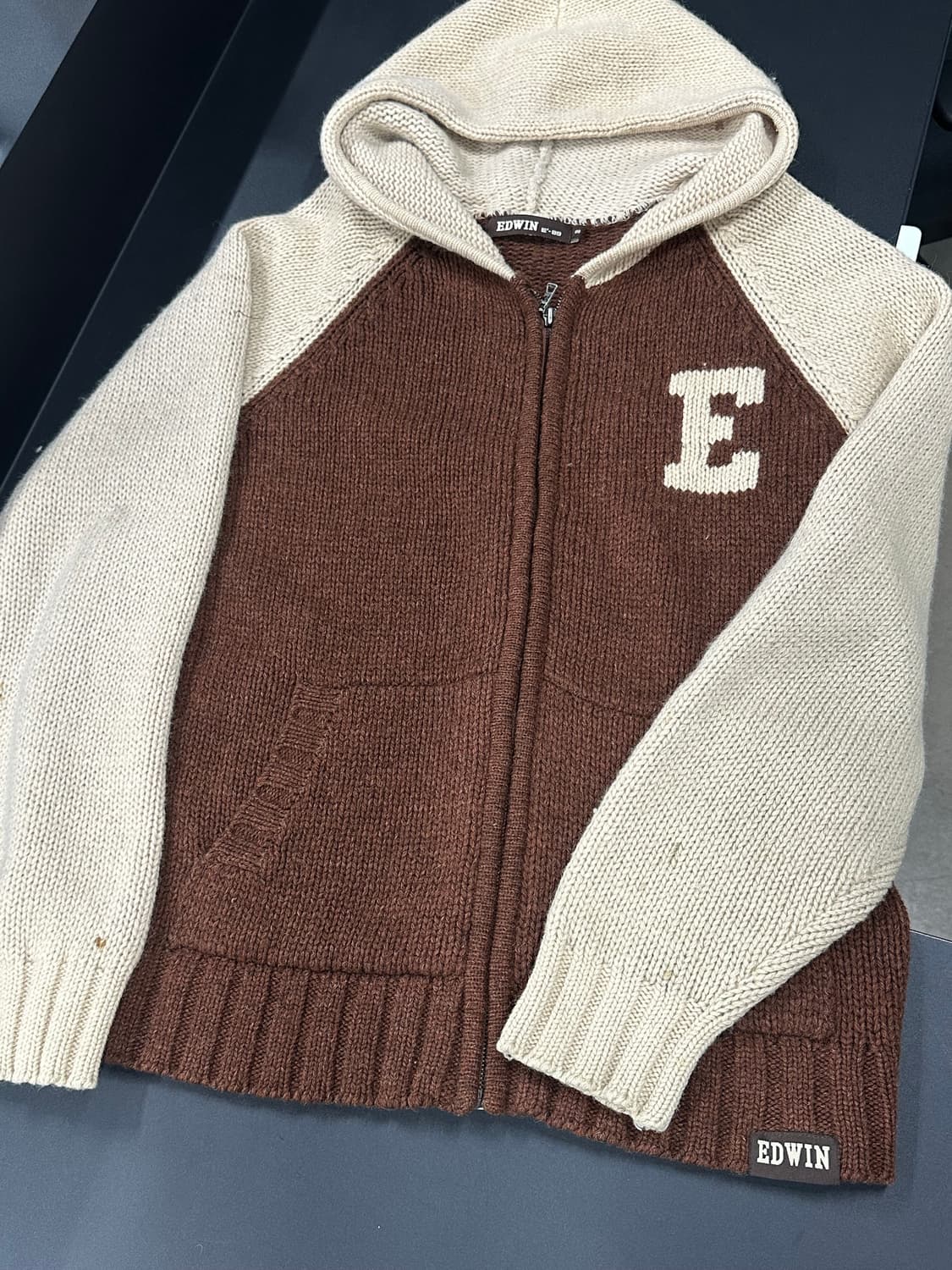 EDWIN 에드윈 89 레터링 브라운 울 니트 후드집업 상품이미지4
