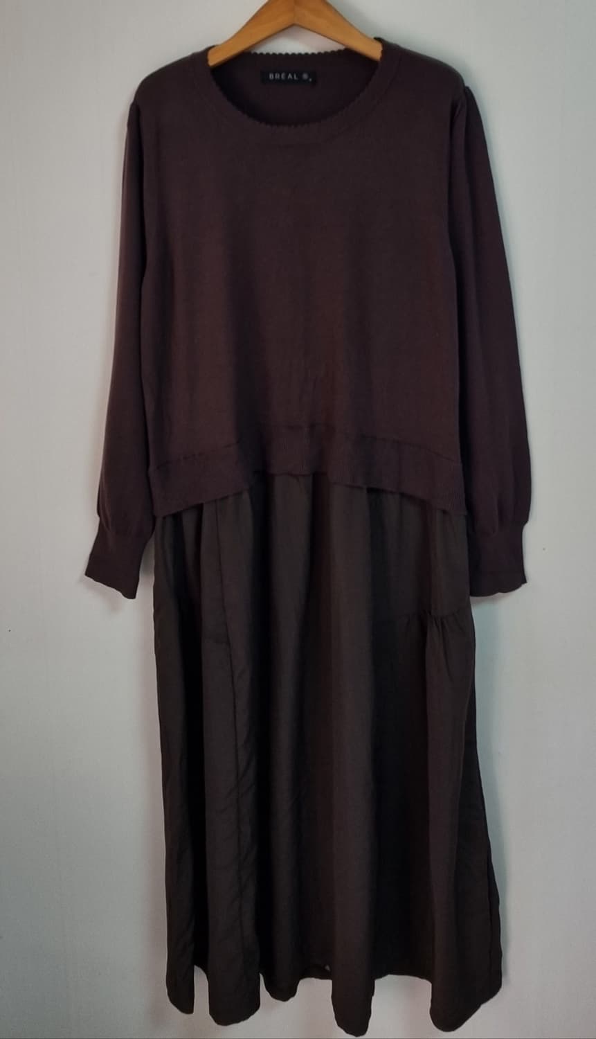 실측 M (66) BREAL 브라운 니트 긴팔 롱 원피스 상품이미지1