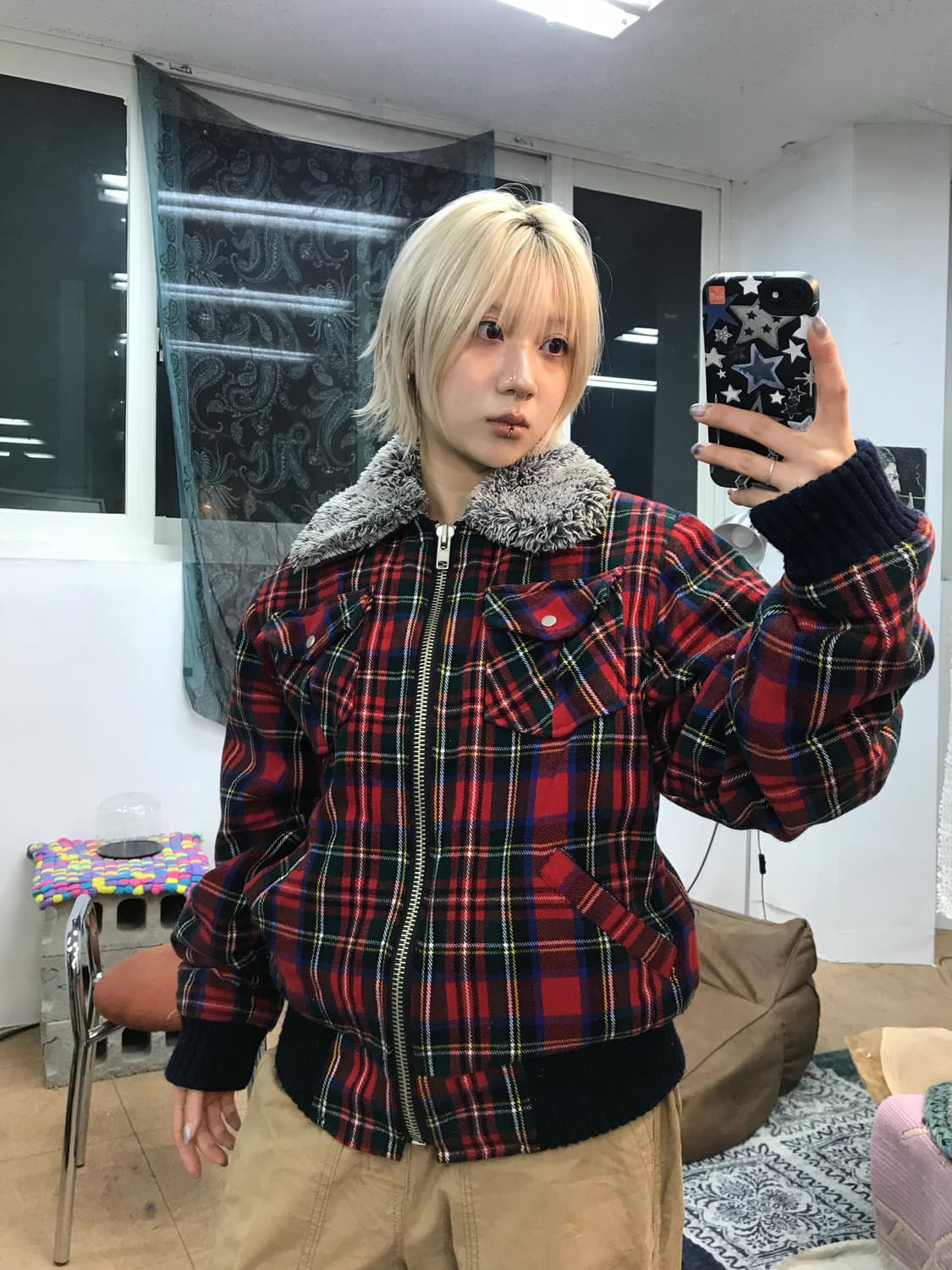 빈티지 체크 투포켓 페디드 양털 카라 점퍼  상품이미지1