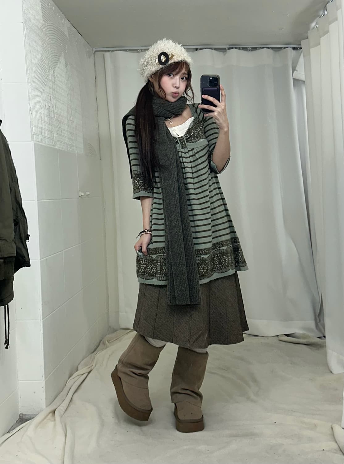 엑시즈팜 카키브라운 하구미 모리걸 겨울야상 코디세트 상품이미지3