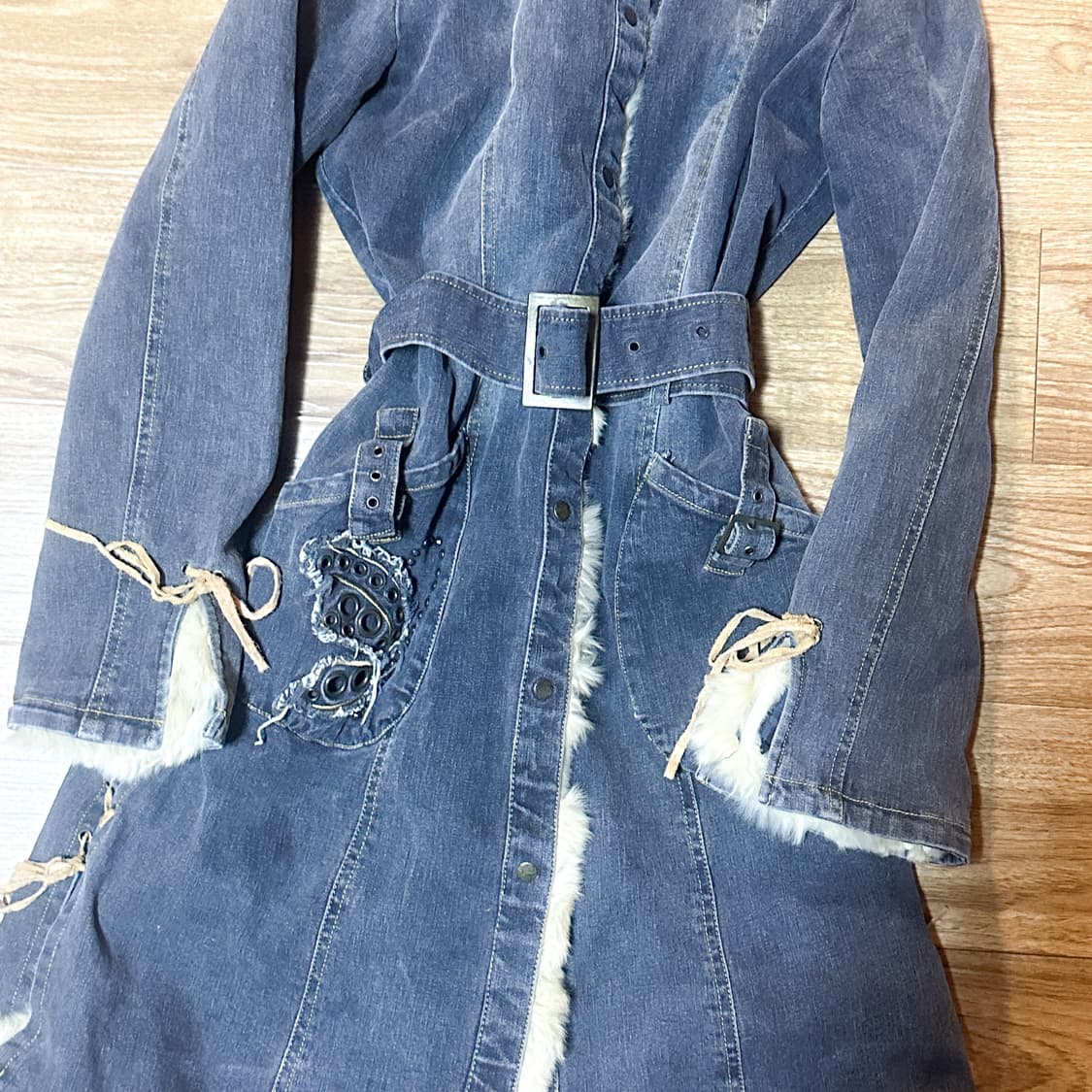 빈티지 청 퍼 코트 자켓 오네갸루 오리엔탈 긱시크 페어리 그런지 고딕 상품이미지2