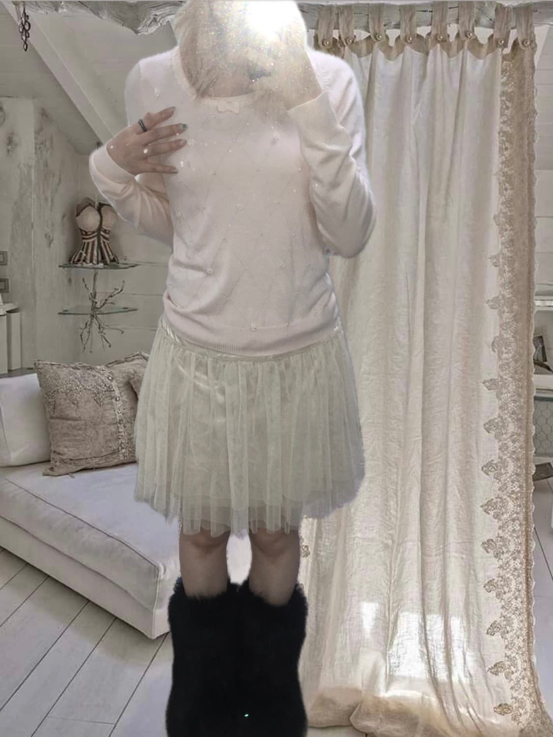 jpn vintage babypink ribbon argyle pearl 상품이미지3