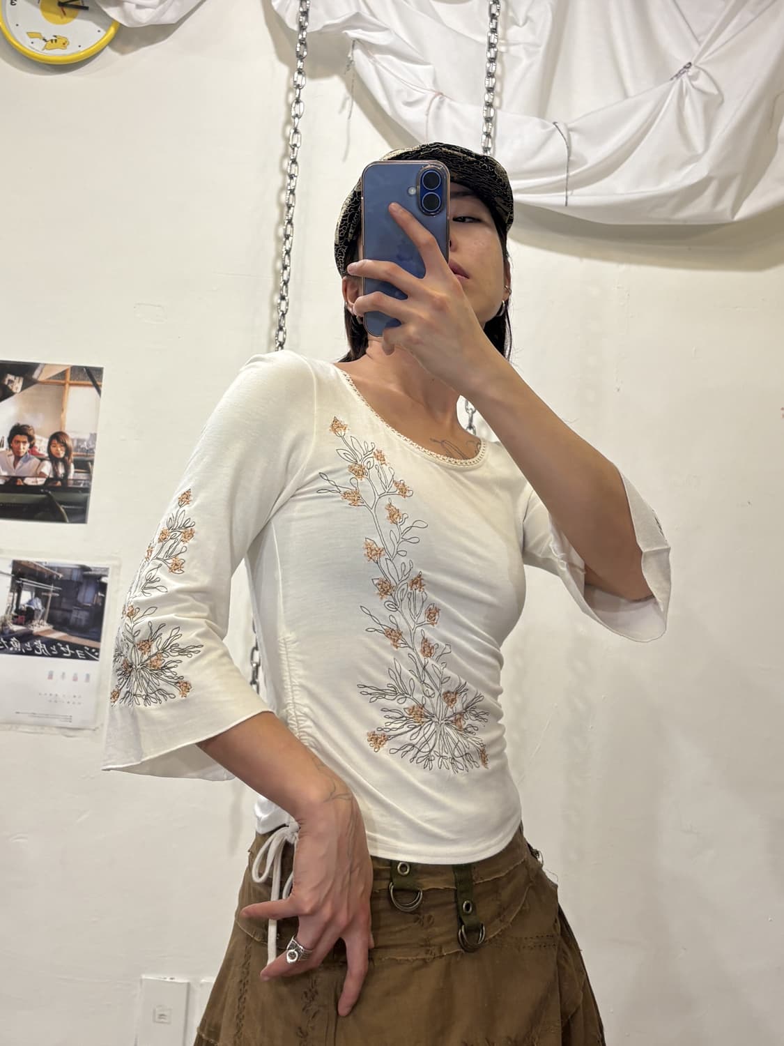 플라워 자수 셔링 화이트 플레어 7부 슬리브 모리 오리엔탈 보헤미안 상품이미지1