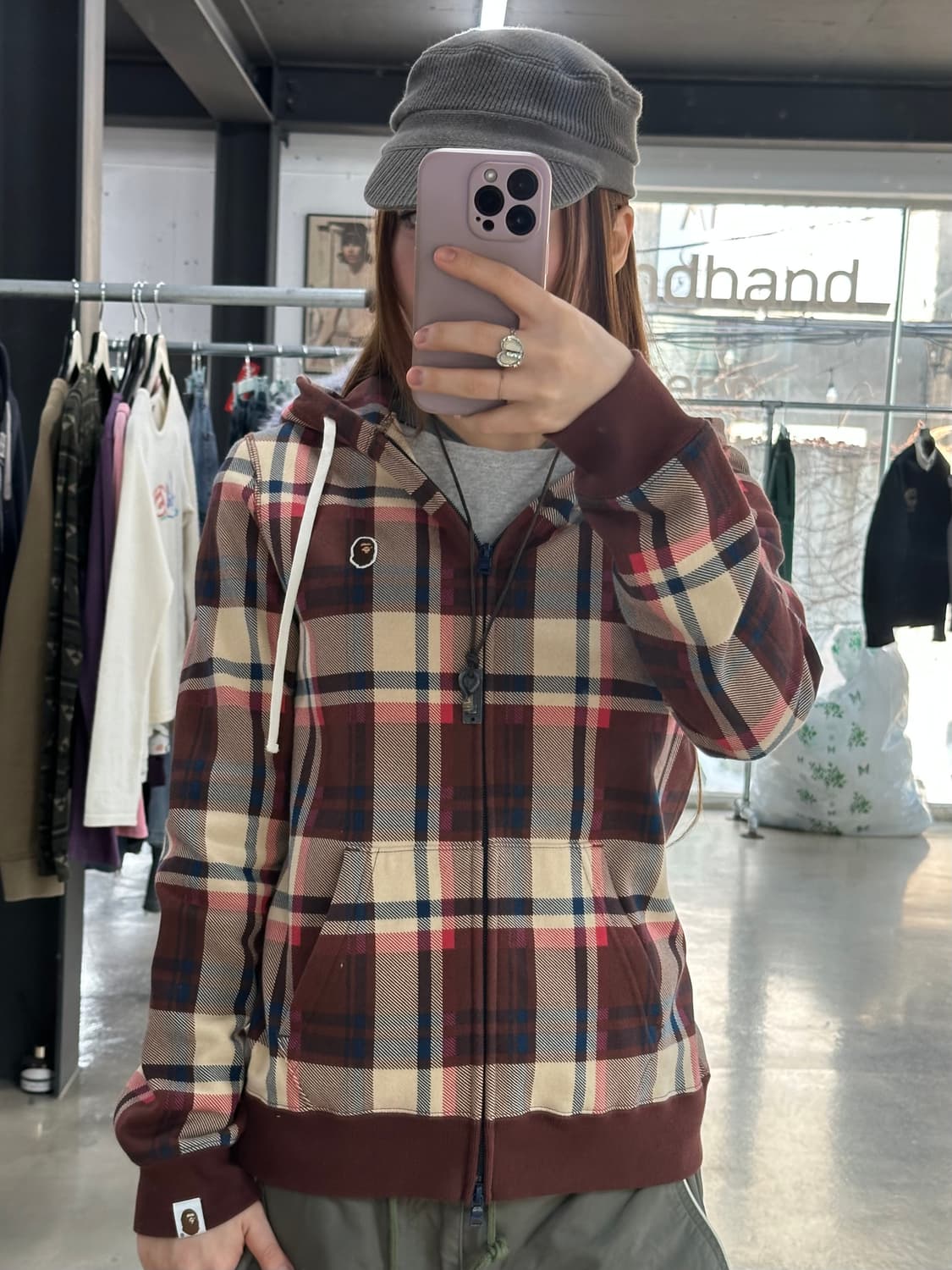 베이프 자수사루 브라운체크 후드집업 데드스탁 상품이미지1