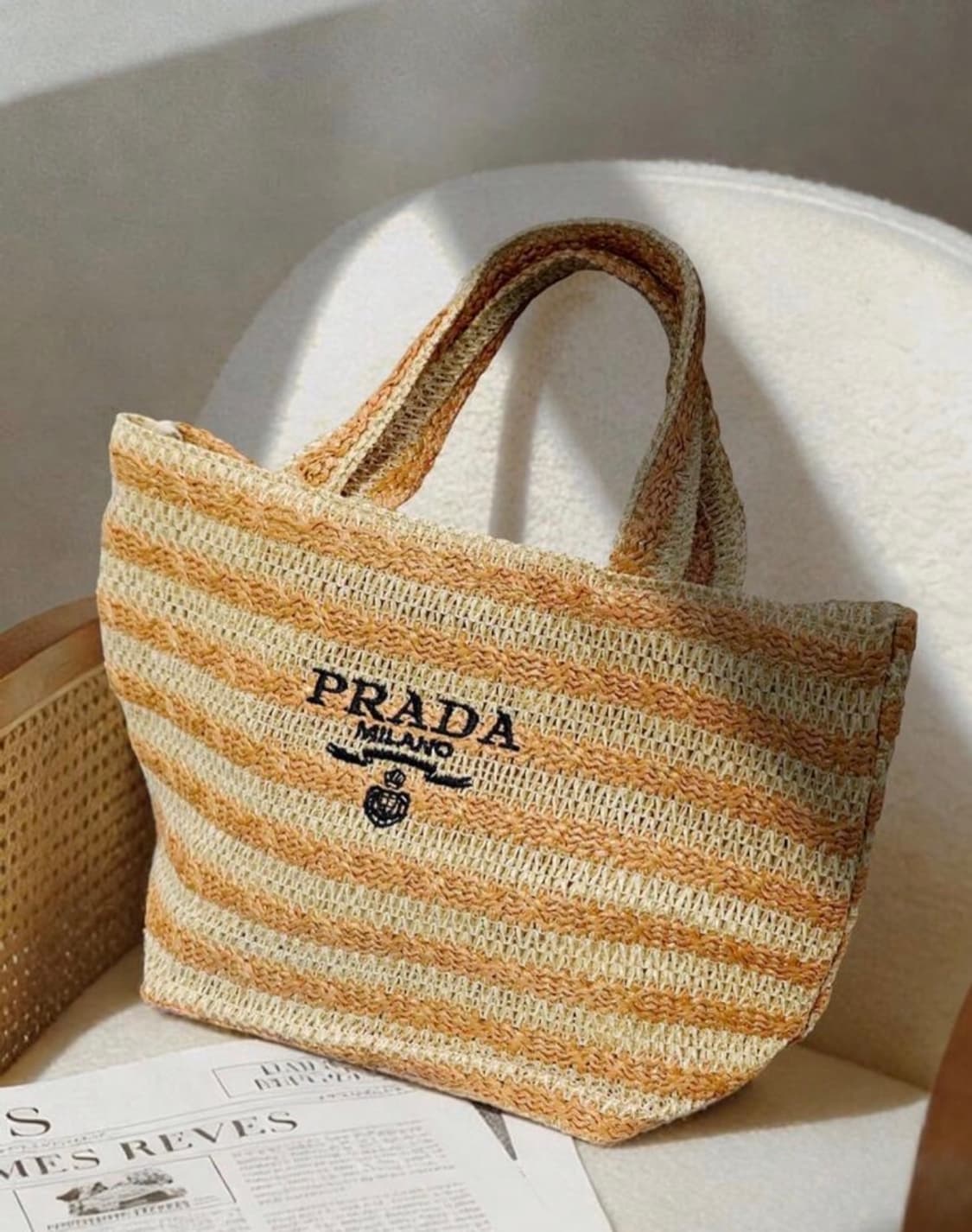 프라다뷰티 르옴므 스트라이프 브라운 라피아백  상품이미지6