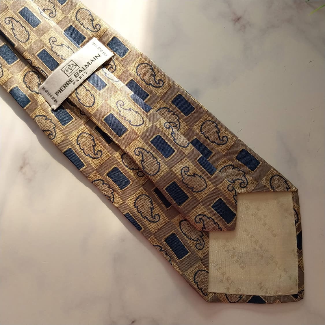 발망 실크 베이지&브라운&블루 패턴 넥타이 9.3cm A+등급 K1365 상품이미지8