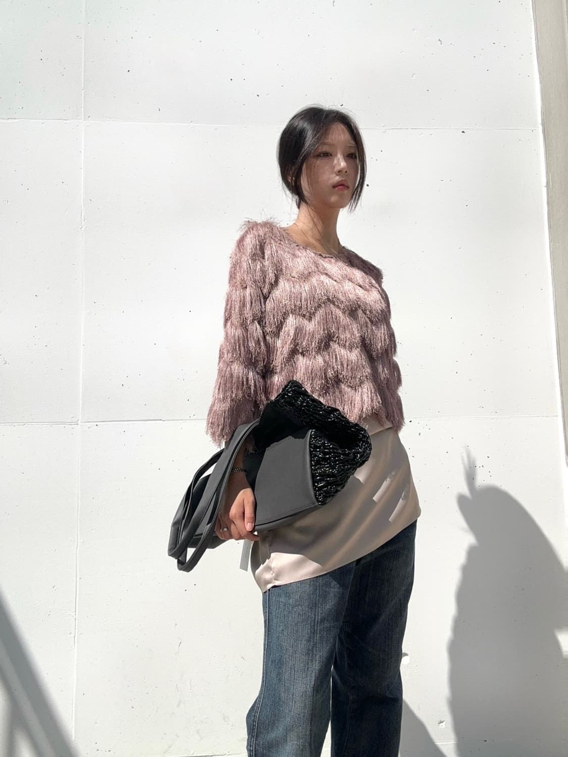 Tassel glossy layered top / baby pink 상품이미지1