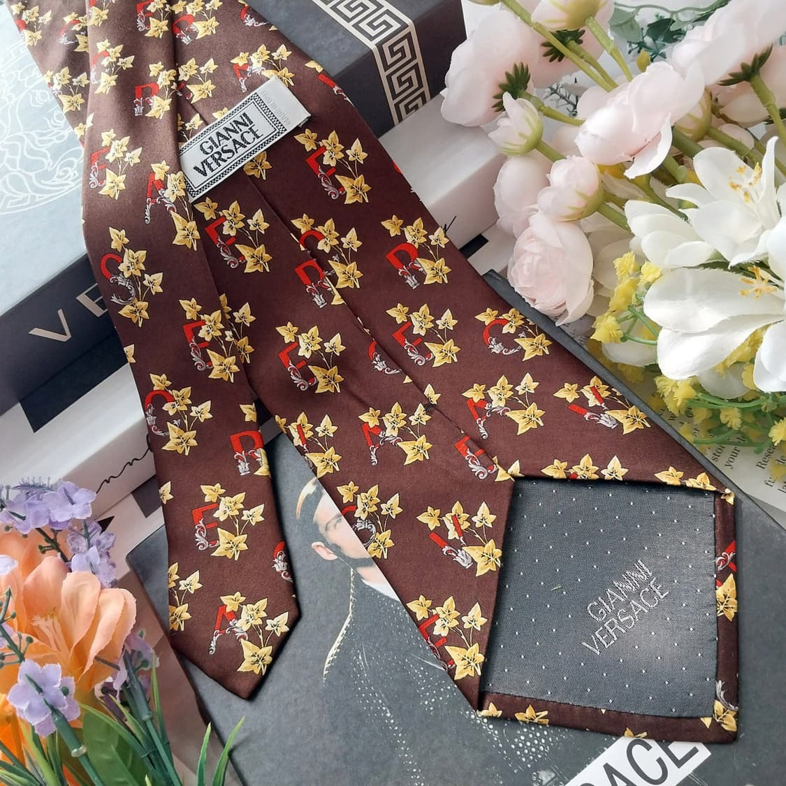 베르사체 실크 브라운 플라워 패턴 넥타이 9.7cm A+등급  K1262 상품이미지5