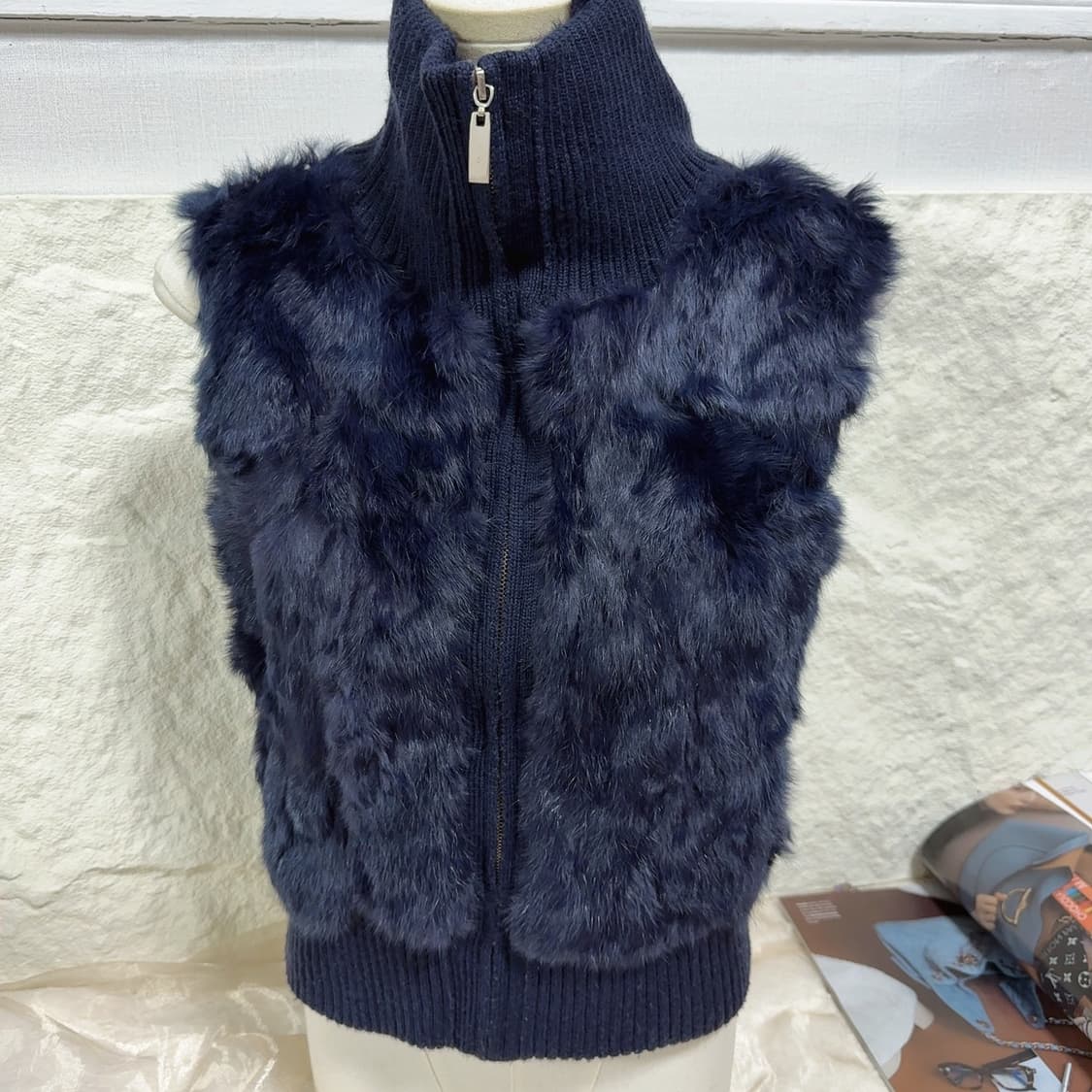 빈티지 네이비 블루 토끼털 울니트 조끼 베스트 상품이미지1