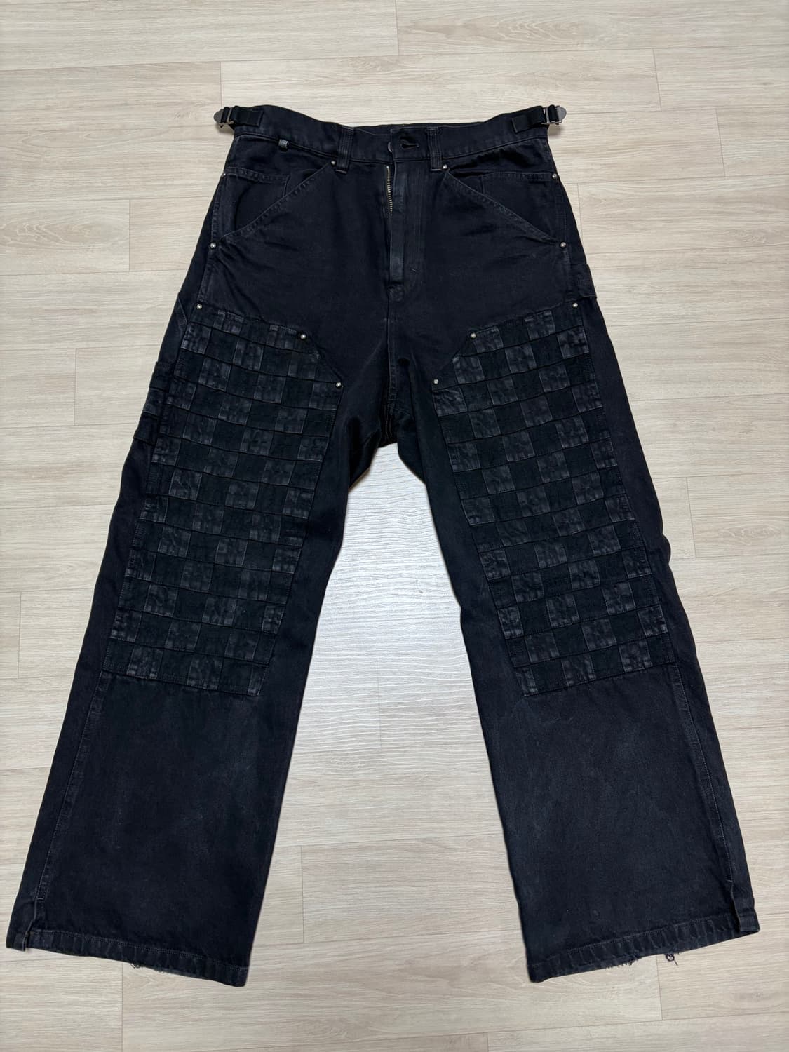 [2] 폴리테루 1011 패치드 보로 더블니 팬츠 워시드 블랙 상품이미지1