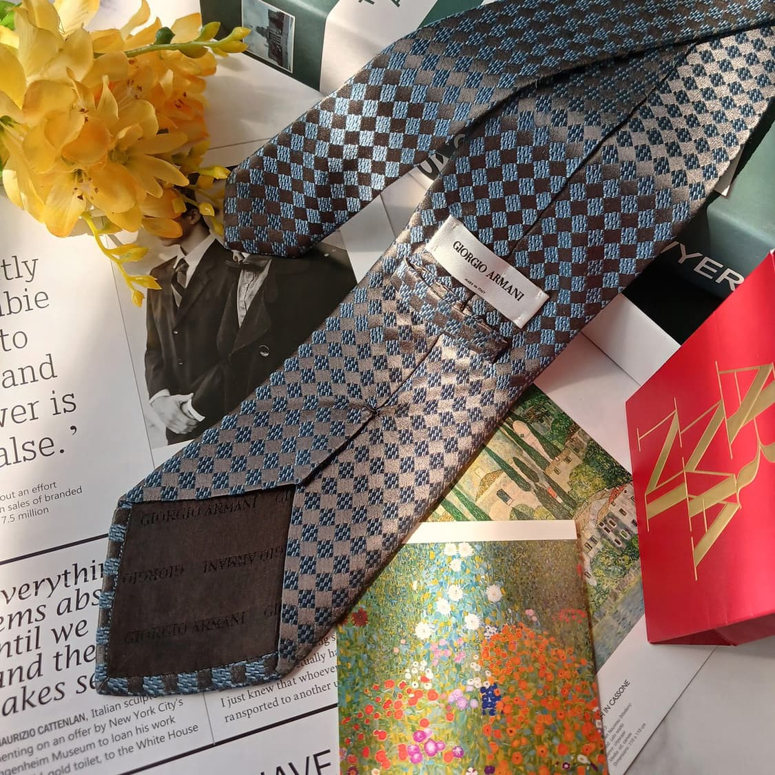 조르지오 아르마니 블루 마름모 자카드 넥타이 9.2cm A+등급 E773 상품이미지5