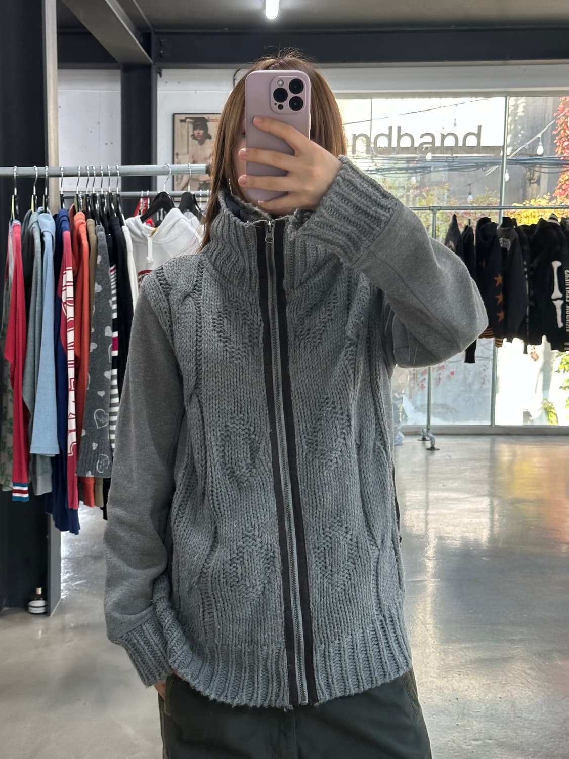 재팬빈티지 하이넥 퍼 꽈배기 니트집업 상품이미지3