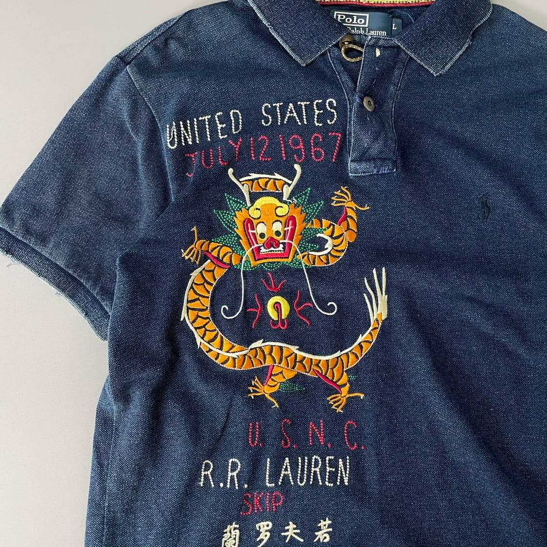 폴로랄프로렌 90s 빈티지 드래곤 자수 인디고 카라티 L 상품이미지4