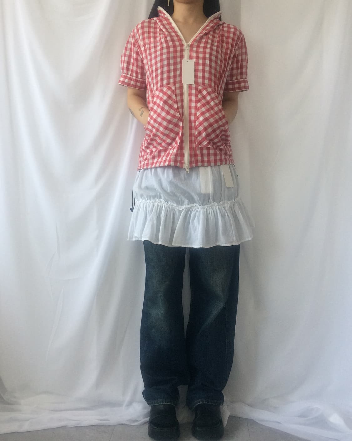 Check pattern high neck hood zip up 상품이미지1
