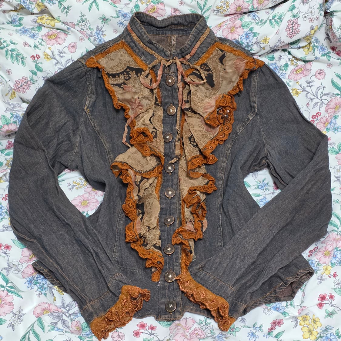 빈티지) 앤틱 프릴 레이스 데님 보헤미안 y2k 셔츠블라우스 상품이미지1