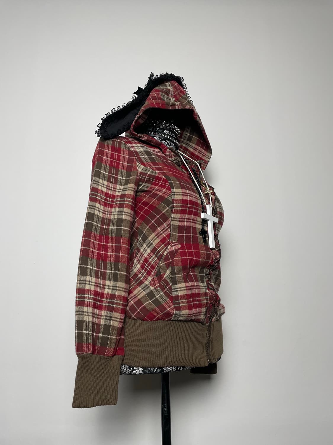 LIZLISA  리즈리사 레드 브라운 체크 패턴 후드집업 상품이미지3