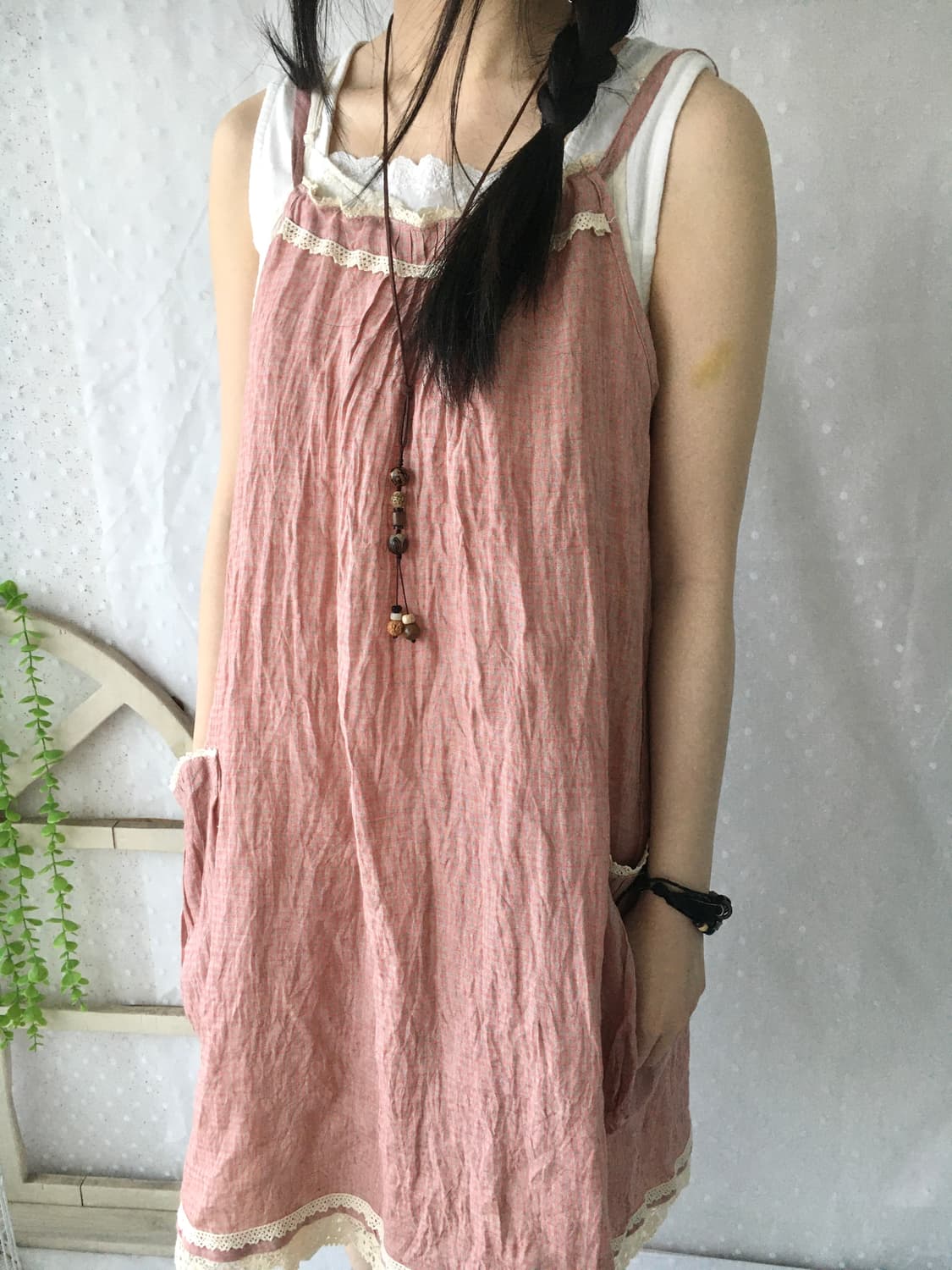 [Hand Made] 핸드메이드 핑크 체크 바선생 원피스 모리걸 상품이미지2