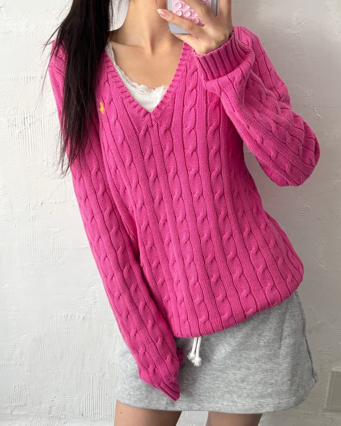 Polo 랄프로렌 스포츠 우먼라인 핑크컬러 케이블 브이넥 니트 상품이미지1