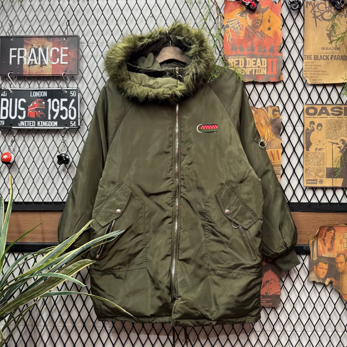 90s JPN VINTAGE 오리지널 자수 패치 후드 퍼 파카 카키 상품이미지1