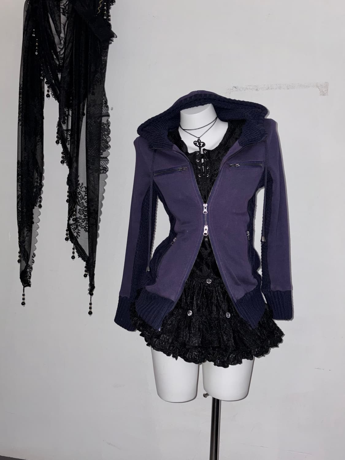 00s 딥퍼플 투웨이 후드 아우터 보라 다크 페어리 y2k 상품이미지2