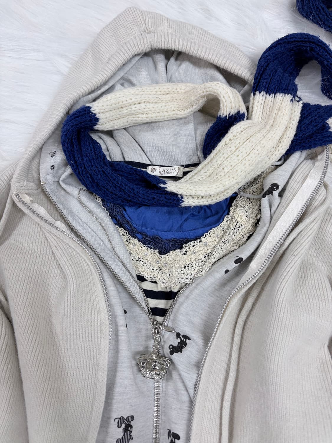 딥블루 니혼진 엑시즈팜 코디세트 6pcs 💙🤍🪽 스트라이프 머플러  상품이미지6