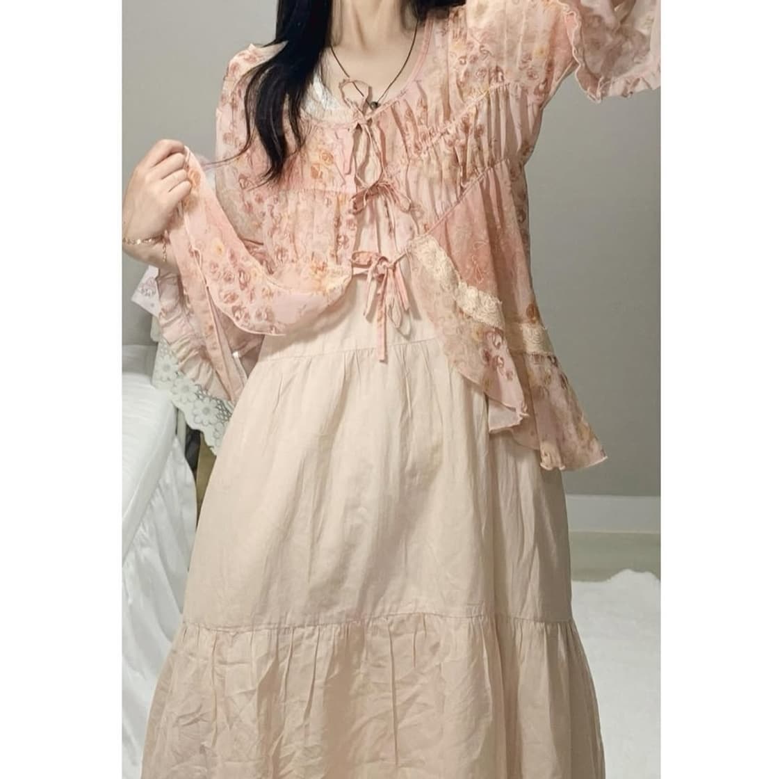 오월빈티지 핑크 리본 가디건 /모리노가토 몽글 카라하나 카모메산장 묘오우 상품이미지2