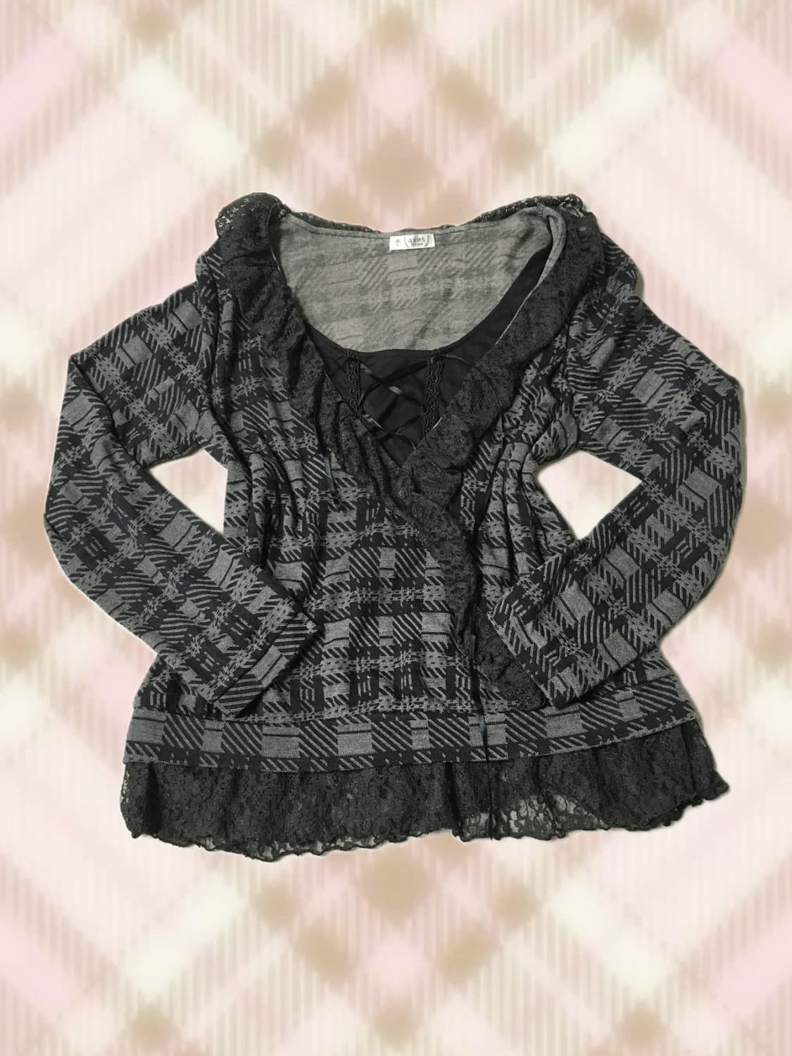 엑시즈팜 체크 레이스 아일렛 레이어드 탑 니트 갸루 오네 오리엔탈 빈티지 상품이미지1